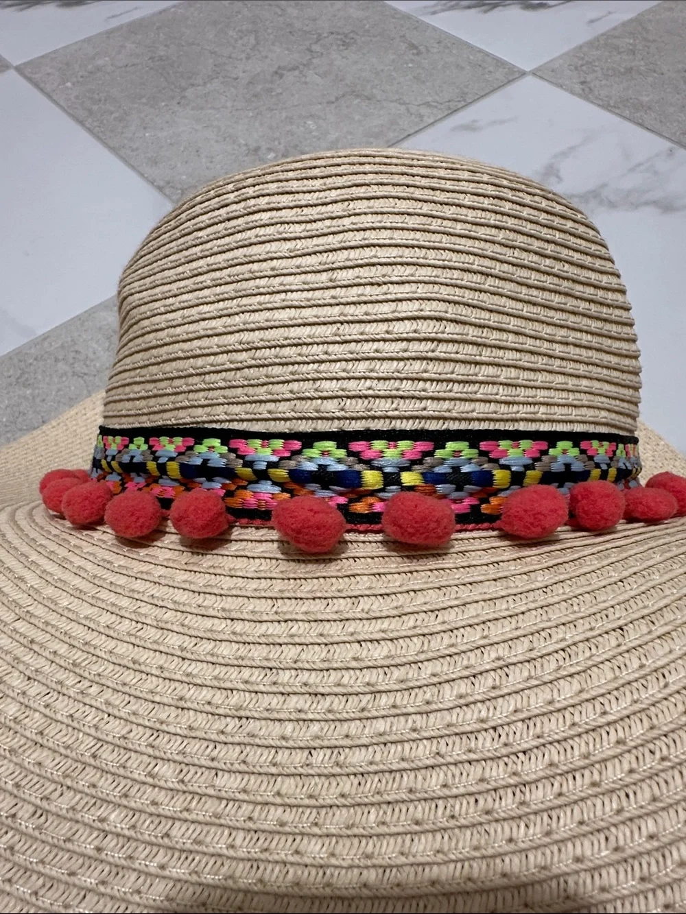 Straw Sun Hat with Pink Pom-Pom Trim